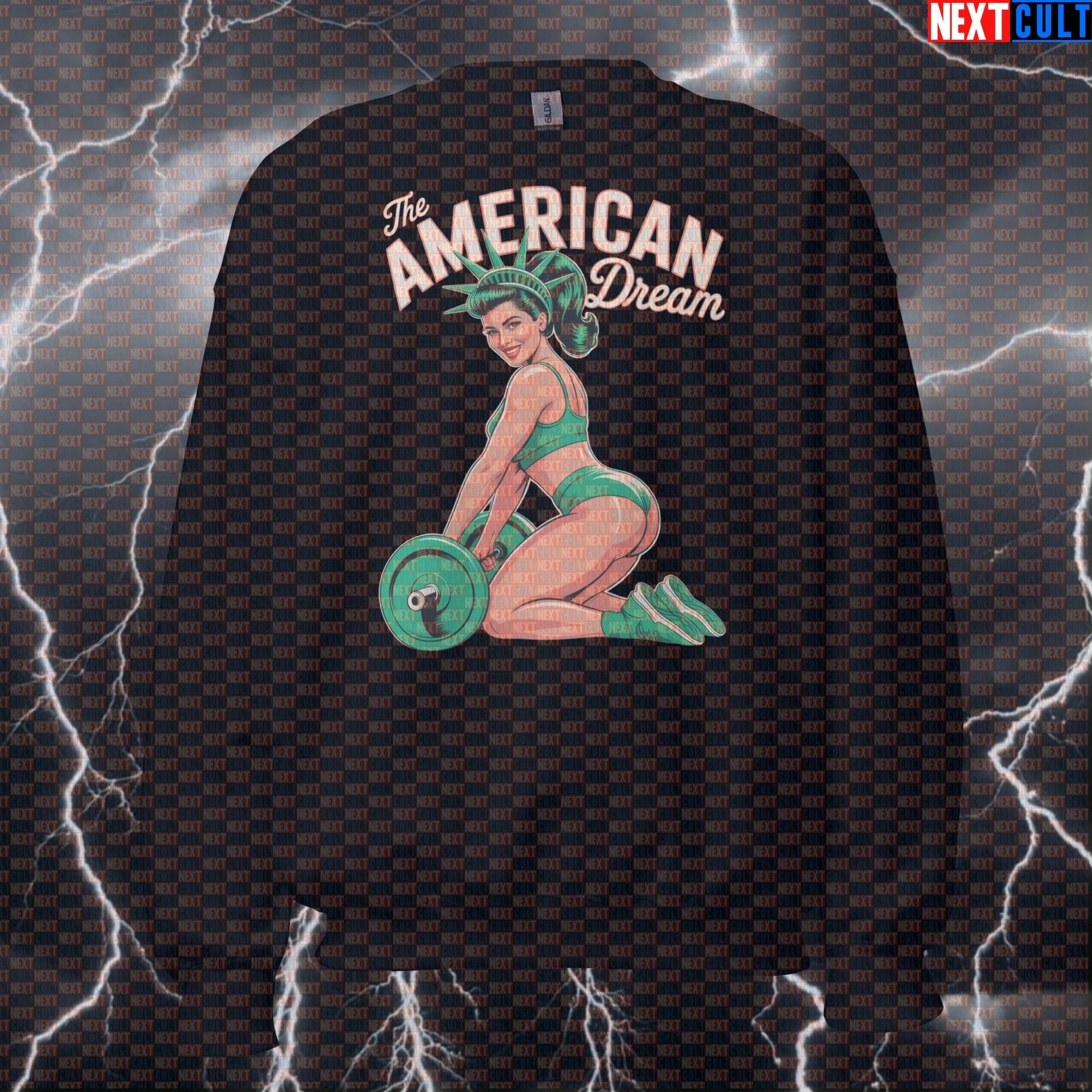 American Dream Lady Funny Gym Sweatshirt - 4th of July Patriotic Statue of Liberty Workout Pullover Jumper 4th of July Fitness Gym Leg Day Pump Cover Statue of Liberty Workout Next Cult Brand