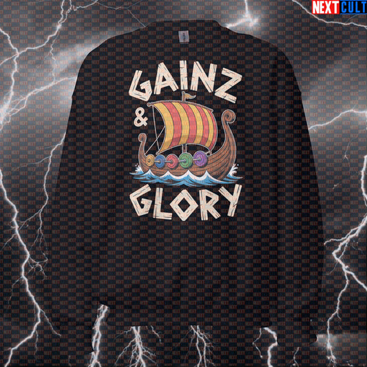 Gainz & Glory Viking Funny Gym Sweatshirt - Norse Pump Cover Crewneck Jumper Pullover For Lifters Bodybuilding Fitness Gym Pump Cover Vikings Workout Next Cult Brand
