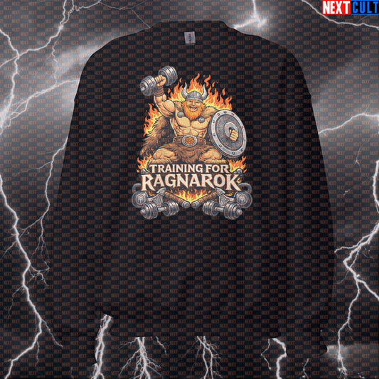 Training for Ragnarok Gym Sweatshirt | Funny Viking Workout Crewneck Pullover Bodybuilding Fitness Gym Pump Cover Vikings Workout Next Cult Brand