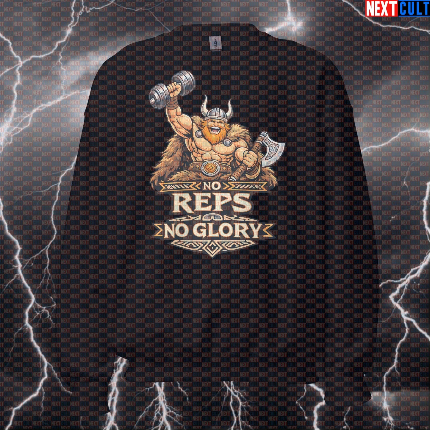 No Reps No Glory Viking Gym Sweatshirt - Funny Norse Workout Jumper Pump Cover Crewneck Bodybuilding Fitness Gym Pump Cover Vikings Workout Next Cult Brand