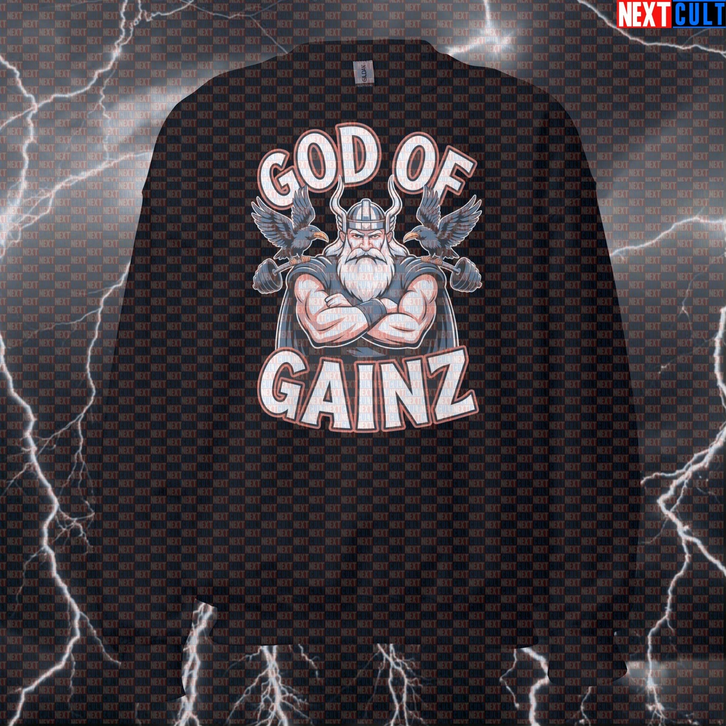 God of Gainz Funny Gym Sweatshirt - Viking Norse Workout Jumper Pullover Pump Cover for Lifters Sweatshirts Bodybuilding Fitness Gym Pump Cover Vikings Workout Next Cult Brand