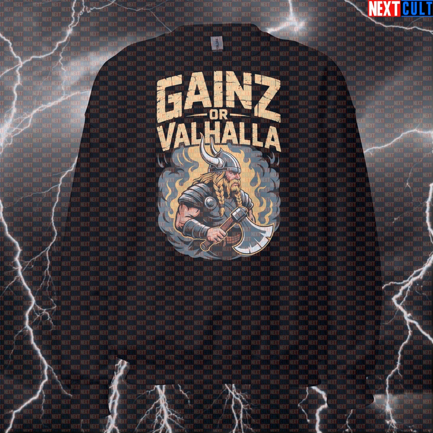Gainz Or Valhalla Funny Viking Gym Sweatshirt - Norse Gym Meme Crewneck Jumper Pump Cover For Workouts Sweatshirts Bodybuilding Fitness Gym Pump Cover Vikings Workout Next Cult Brand