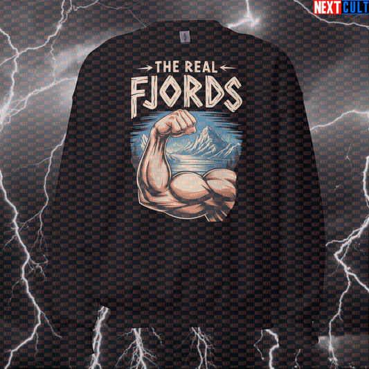 The Real Fjords Funny Gym Sweatshirt - Muscle Mountain Jumper Crewneck Pullover Pump Cover Sweatshirts Bodybuilding Fitness Gym Pump Cover Vikings Workout Next Cult Brand