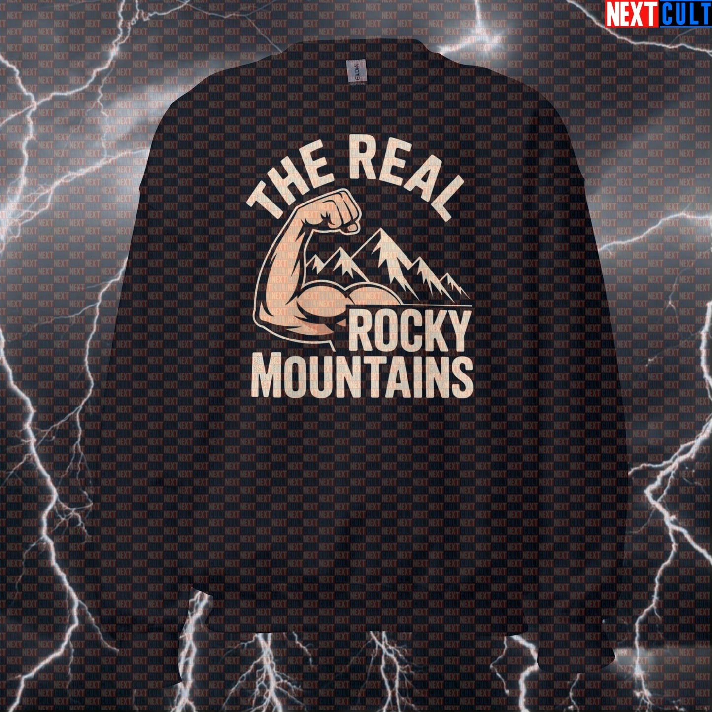 The Real Rocky Mountains Funny Gym Sweatshirt - Bicep Mountain Meme Pullover Crewneck Pump Cover Sweatshirts Next Cult Brand