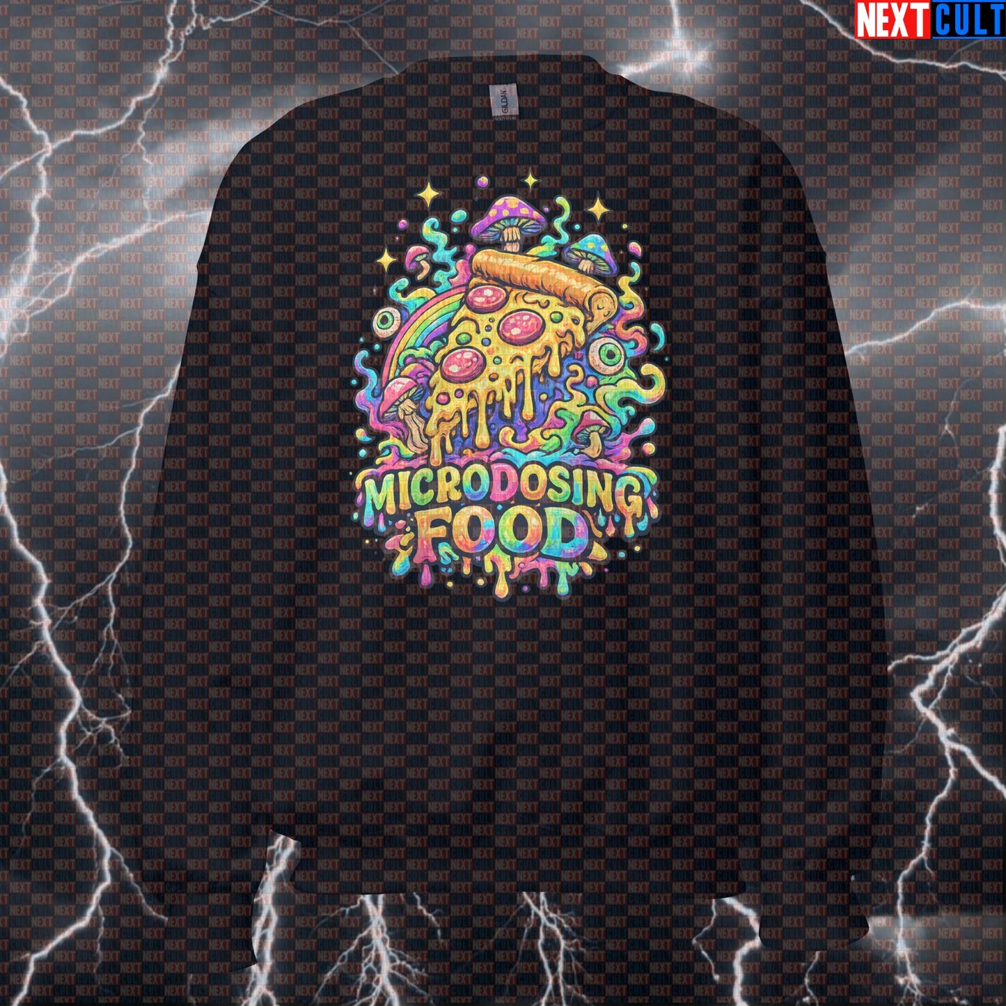 Microdosing Food Psychedelic Gym Sweatshirt | Funny Workout Pullover & Pizza Pump Cover Sweatshirts Fast Food Fitness Gym Pizza Pump Cover Workout Next Cult Brand