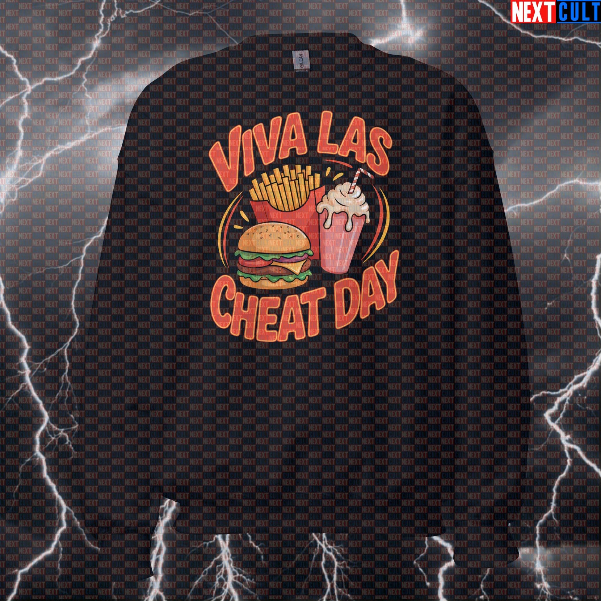 Viva Las Cheat Day Funny Gym Sweatshirt - Elvis Presley Fast Food Cheat Day Meme Pump Cover Sweatshirts Bodybuilding Bulking Elvis Presley Fast Food Fitness Gym Pump Cover Rock Music Workout Next Cult Brand
