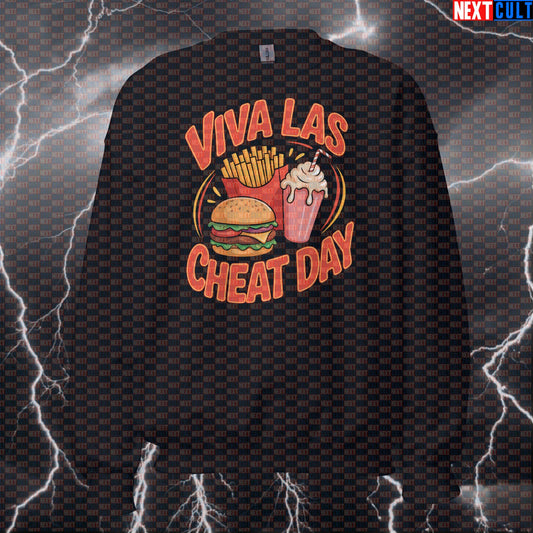 Viva Las Cheat Day Funny Gym Sweatshirt - Elvis Presley Fast Food Cheat Day Meme Pump Cover Sweatshirts Bodybuilding Bulking Elvis Presley Fast Food Fitness Gym Pump Cover Rock Music Workout Next Cult Brand