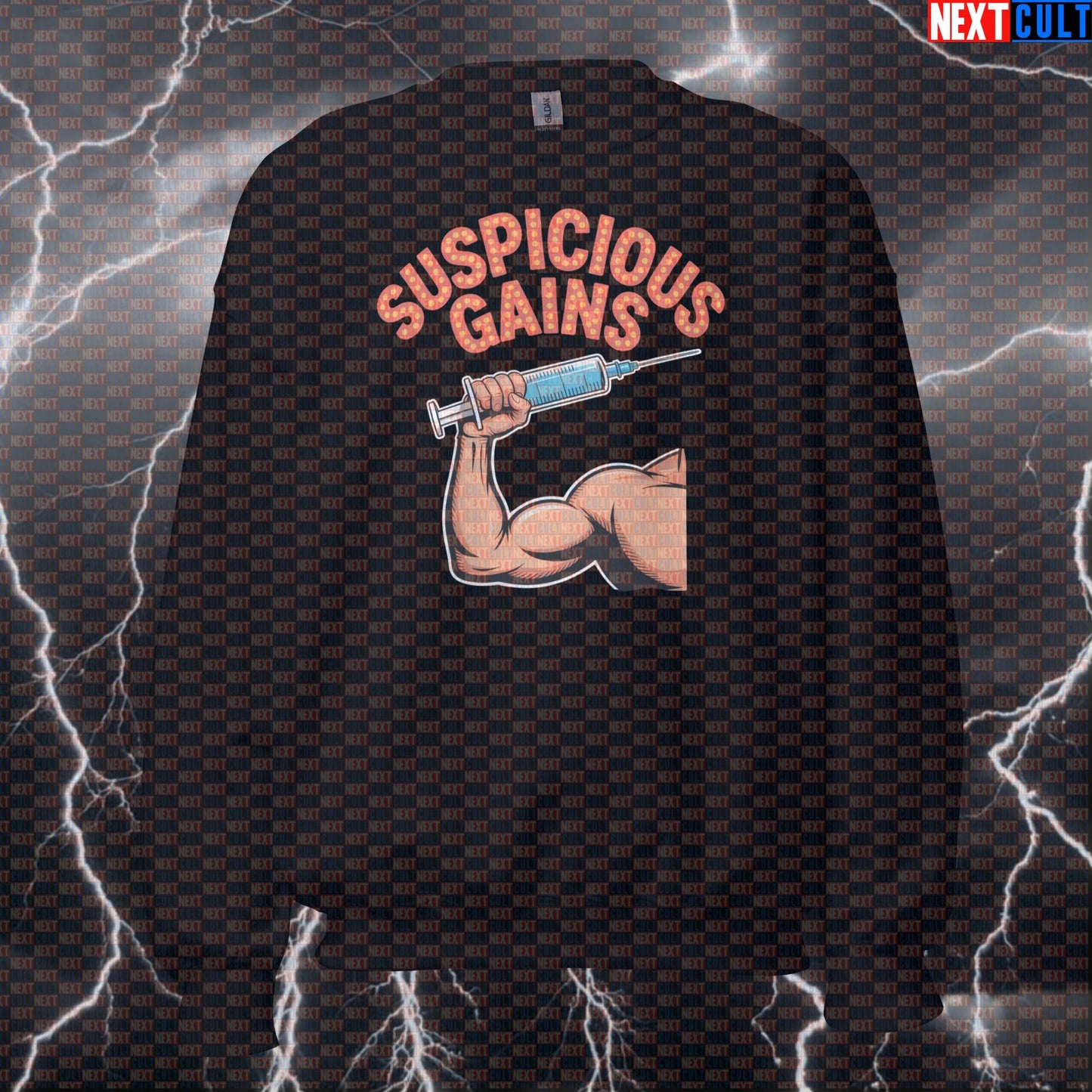 Suspicious Gains Funny Gym Sweatshirt - Not Natty Elvis Jumper Pullover Pump Cover For Lifters Sweatshirts Bodybuilding Elvis Presley Fitness Gym Pump Cover Rock Music Steroids Workout Next Cult Brand