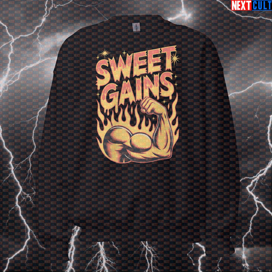 Funny Gym Sweatshirt | Sweet Gains Workout Crewneck Pump Cover Jumper for Lifters & Fitness Meme Lovers Sweatshirts Aerosmith Bodybuilding Fitness Gym Pump Cover Rock Music Workout Next Cult Brand