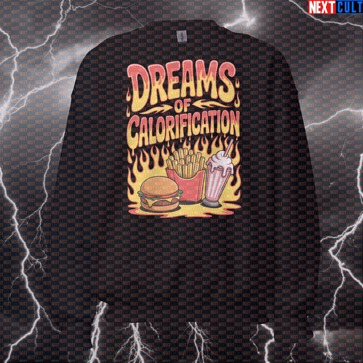 Dreams of Calorification Funny Gym Sweatshirt - Calorie Bulking Jumper Crewneck Pullover Pump Cover Sweatshirts Bodybuilding Bulking Fast Food Fitness Gym Pump Cover Red Hot Chili Peppers Rock Music Workout Next Cult Brand