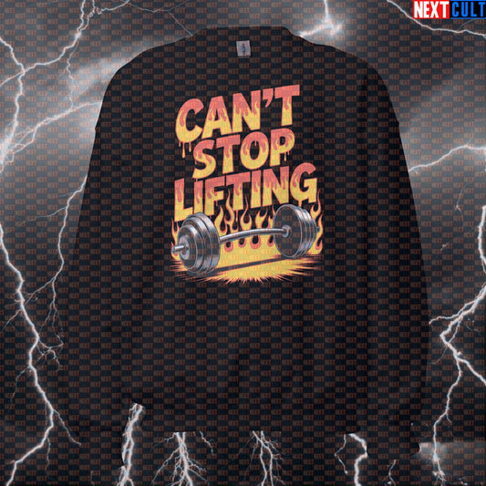 Can't Stop Lifting Funny Gym Sweatshirt - RHCP Inspired Pump Cover Crewneck Pullover for Gymbros Sweatshirts Bodybuilding Fitness Gym Powerlifting Pump Cover Red Hot Chili Peppers Rock Music Workout Next Cult Brand