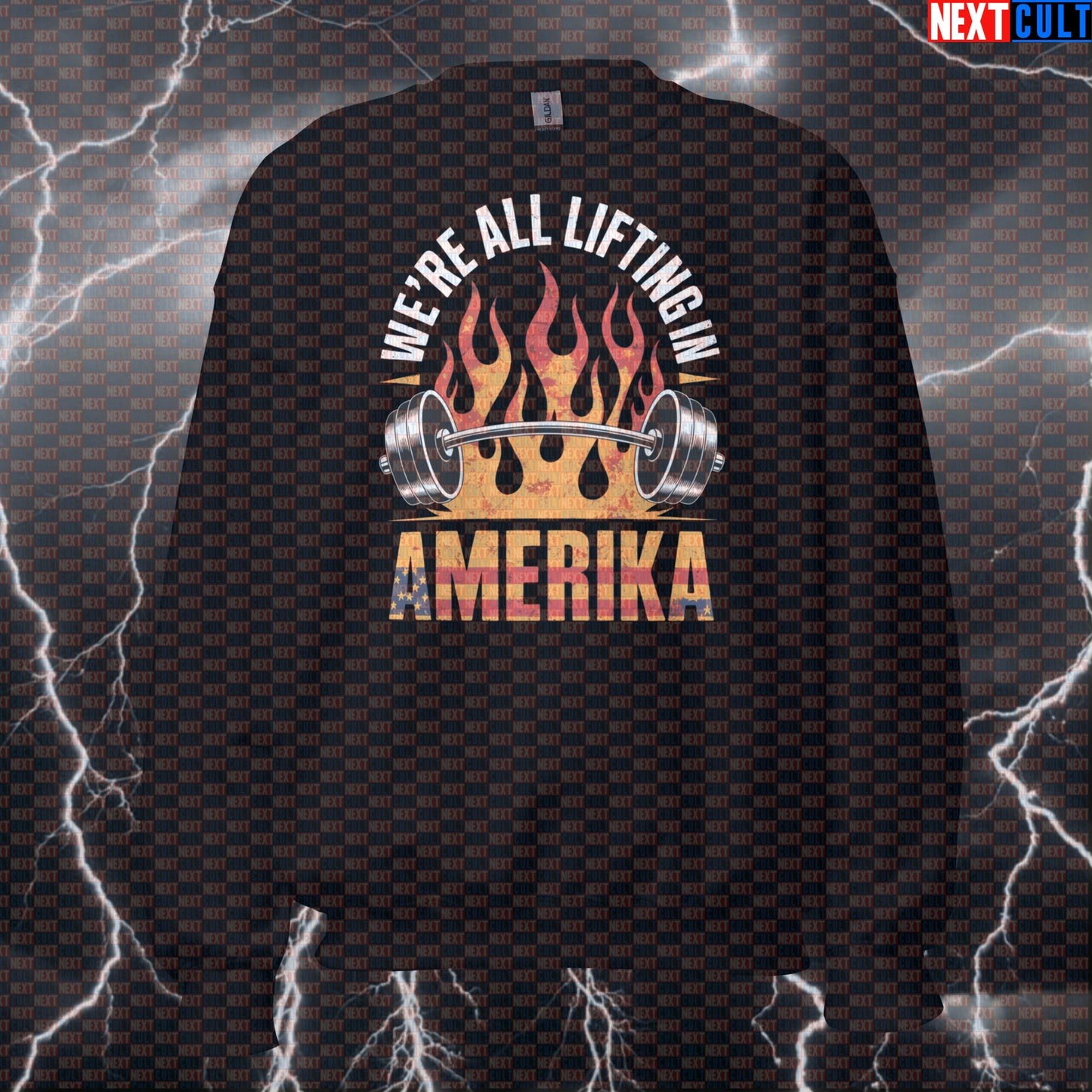 We're All Lifting In Amerika Funny Gym Sweatshirt - Patriotic Rammstein Pullover Jumper Pump Cover Sweatshirts 4th of July Bodybuilding Fitness Gym Powerlifting Pump Cover Rammstein Rock Music Workout Next Cult Brand