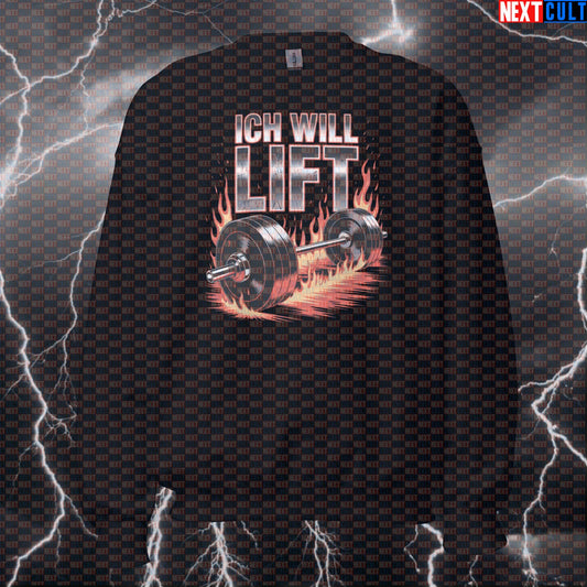 Ich Will Lift Funny Gym Sweatshirt - Rammstein Metal Meme Jumper Pullover Pump Cover for Lifters Sweatshirts Bodybuilding Fitness Gym Powerlifting Pump Cover Rammstein Rock Music Workout Next Cult Brand