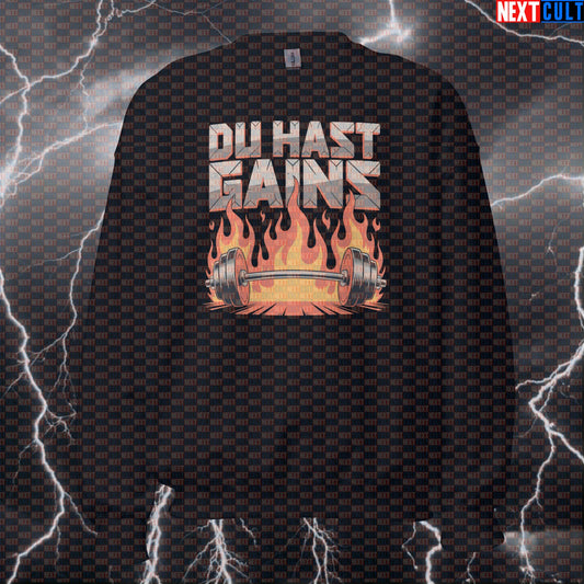 Du Hast Gains Funny Gym Sweatshirt - Rammstein Meme Pullover Jumper Pump Cover For German Metal Fans Sweatshirts Bodybuilding Fitness Gym Powerlifting Pump Cover Rammstein Rock Music Workout Next Cult Brand