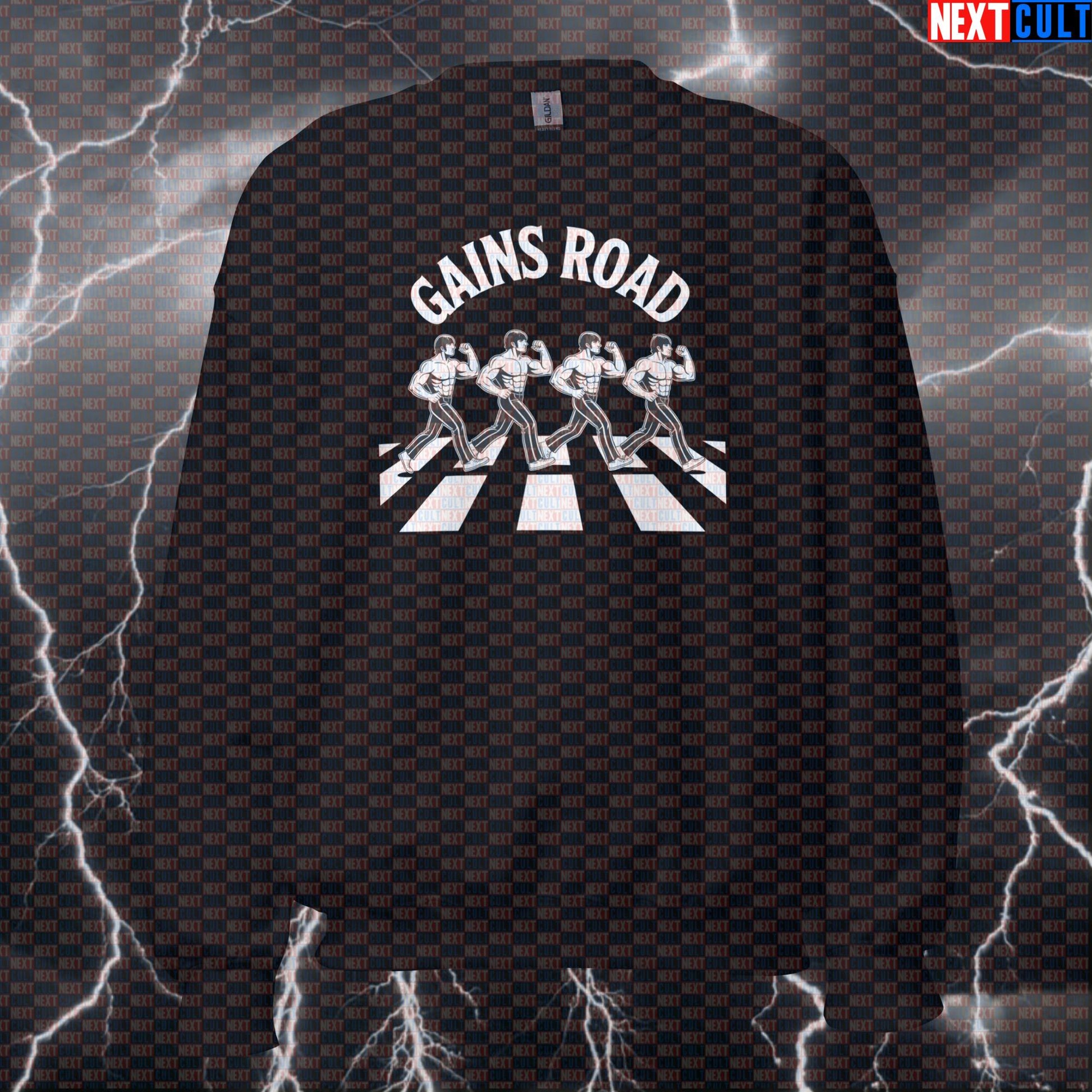 Gains Road Beatles Funny Gym Sweatshirt - Abbey Road Parody Pullover Jumper Pump Cover For Lifters Sweatshirts Bodybuilding Fitness Gym Pump Cover Rock Music The Beatles Workout Next Cult Brand