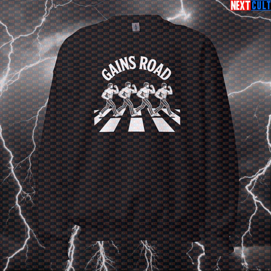 Gains Road Beatles Funny Gym Sweatshirt - Abbey Road Parody Pullover Jumper Pump Cover For Lifters Sweatshirts Bodybuilding Fitness Gym Pump Cover Rock Music The Beatles Workout Next Cult Brand