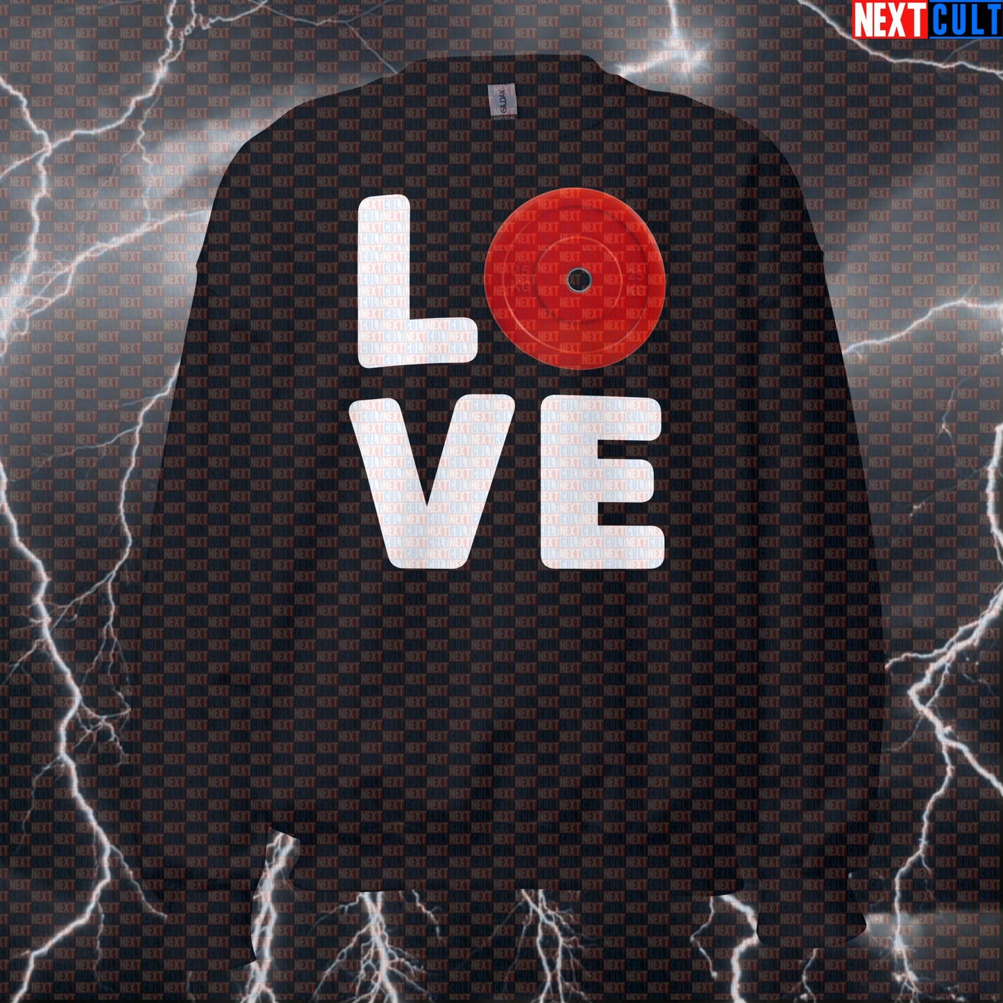 I Love Weights Valentine's Gym Sweatshirt - Red Bumper Plate Heart Funny Workout Jumper Pump Cover Sweatshirts Bodybuilding Fitness Gym Powerlifting Pump Cover Valentine's Day Workout Next Cult Brand