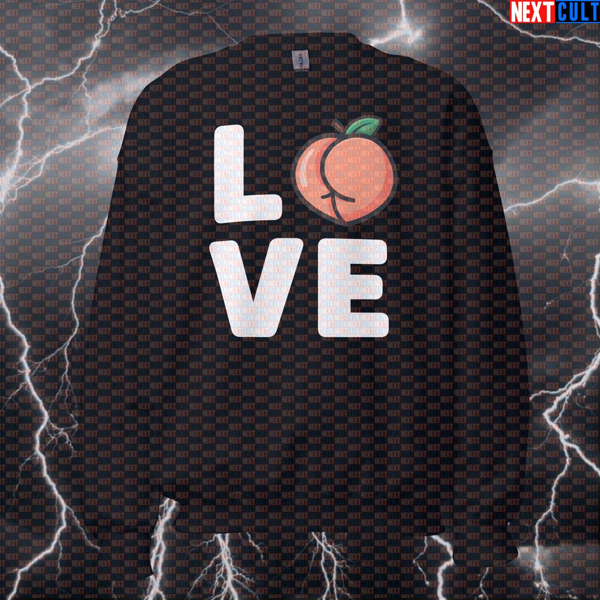 I Love Booty Funny Gym Sweatshirt - Valentine's Day Peach Meme Jumper Pump Cover Pullover Sweatshirts Bodybuilding Fitness Gym Leg Day Powerlifting Pump Cover Valentine's Day Workout Next Cult Brand
