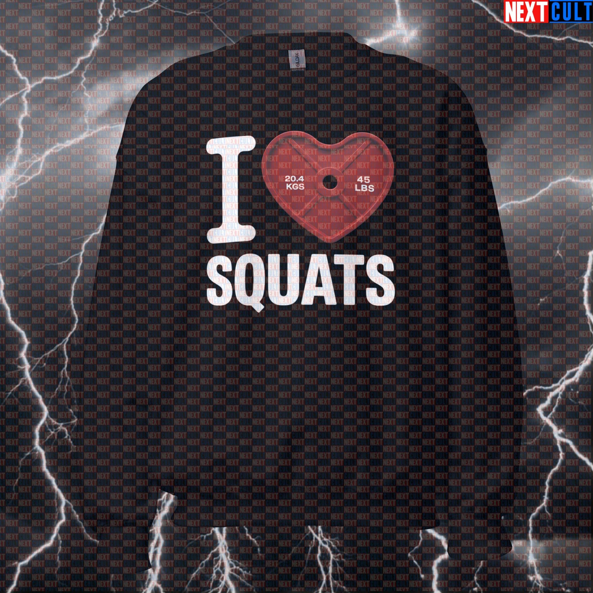 I Love Squats Gym Sweatshirt | Valentine's Workout Pullover with Funny Heart Plate Design Sweatshirts Bodybuilding Fitness Gym Leg Day Powerlifting Pump Cover Valentine's Day Workout Next Cult Brand