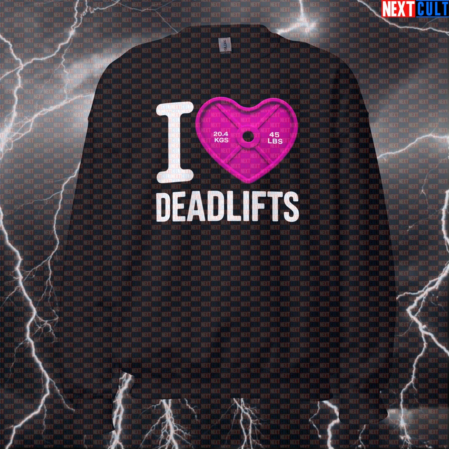 I Love Deadlifts Funny Gym Sweatshirt | Pink Heart Plate Workout Pullover for Deadlift Day Sweatshirts Bodybuilding Fitness Gym Leg Day Powerlifting Pump Cover Valentine's Day Workout Next Cult Brand