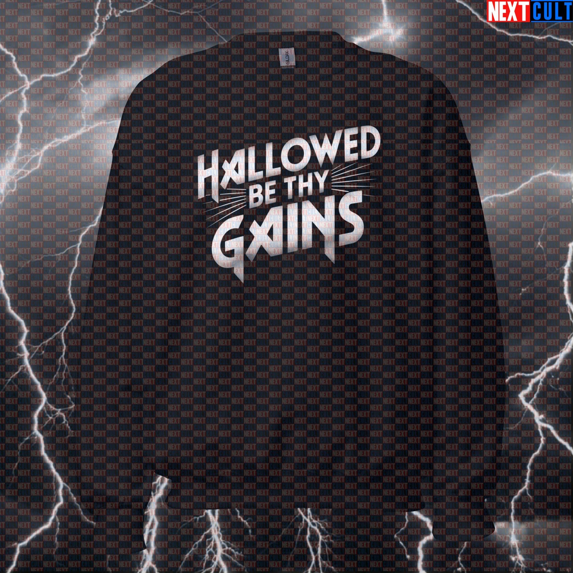 Hallowed Be Thy Gains Funny Gym Sweatshirt Crewneck Pullover Jumper Gym Apparel Pump Cover Top for Iron Maiden Lifters Sweatshirts Bodybuilding Fitness Gym Iron Maiden Powerlifting Pump Cover Rock Music Workout Next Cult Brand