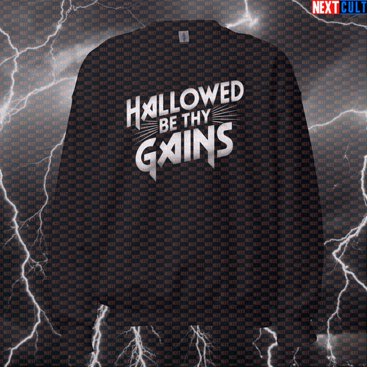 Hallowed Be Thy Gains Funny Gym Sweatshirt Crewneck Pullover Jumper Gym Apparel Pump Cover Top for Iron Maiden Lifters Sweatshirts Bodybuilding Fitness Gym Iron Maiden Powerlifting Pump Cover Rock Music Workout Next Cult Brand