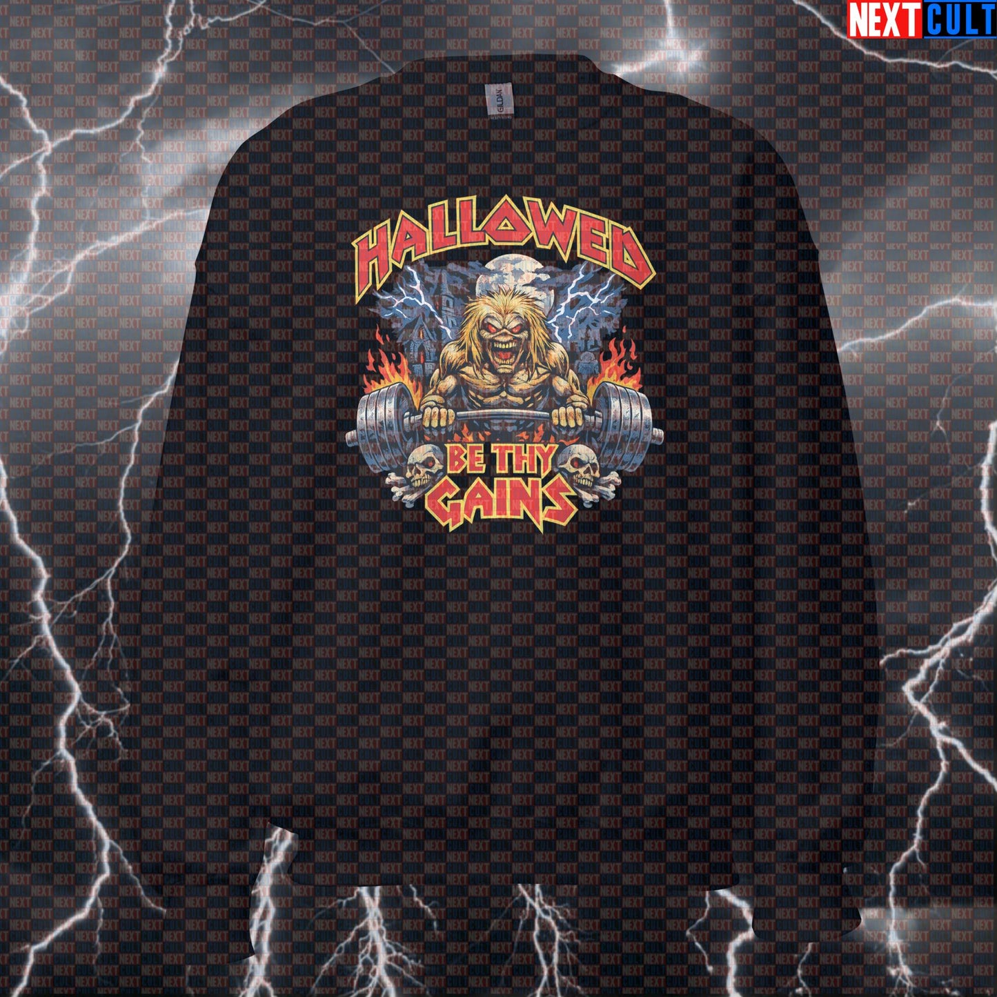 Hallowed Be Thy Gains Iron Maiden Heavy Metal Funny Gym Sweatshirt for Rock Music Lifters & Bodybuilding Pump Seekers Sweatshirts Bodybuilding Fitness Gym Iron Maiden Powerlifting Pump Cover Rock Music Workout Next Cult Brand
