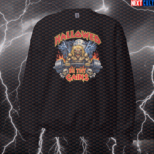 Hallowed Be Thy Gains Iron Maiden Heavy Metal Funny Gym Sweatshirt for Rock Music Lifters & Bodybuilding Pump Seekers Sweatshirts Bodybuilding Fitness Gym Iron Maiden Powerlifting Pump Cover Rock Music Workout Next Cult Brand