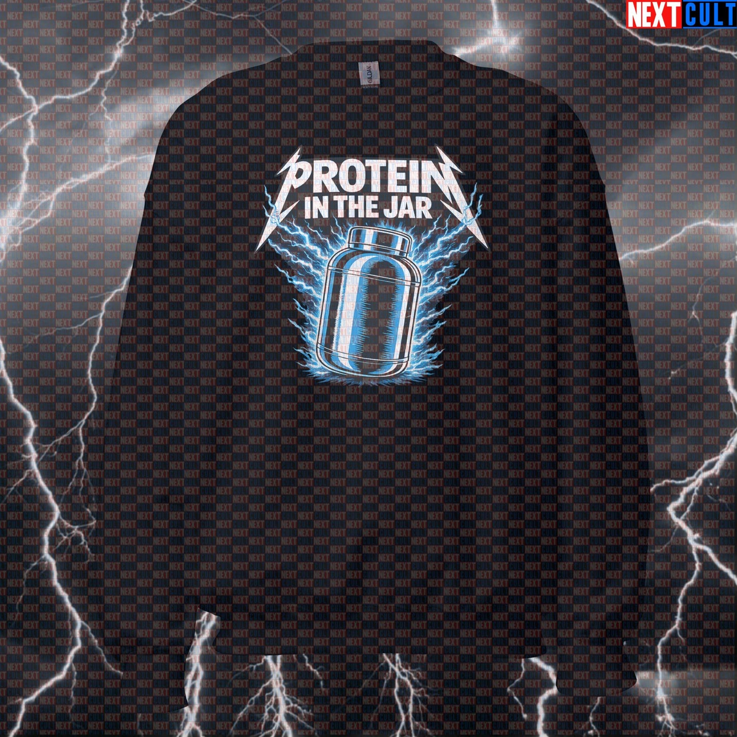 Protein In The Jar Funny Gym Sweatshirt Crewneck Gym Apparel Pump Cover Pullover Sweater for Lifters Metallica Protein Shake Fans Bodybuilding Fitness Gym Metallica Pump Cover Rock Music Workout Next Cult Brand