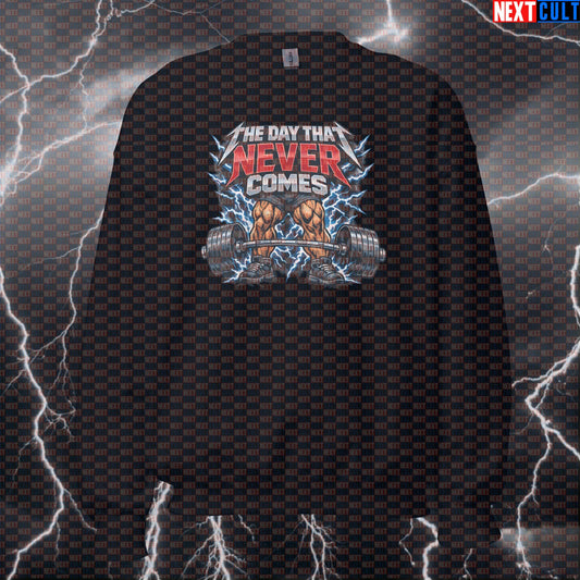 Leg Day The Day That Never Comes Metallica Rock Music Funny Gym Sweatshirt — Bodybuilding & Powerlifting Meme Crewneck for Avoiding Squats Sweatshirts Next Cult Brand