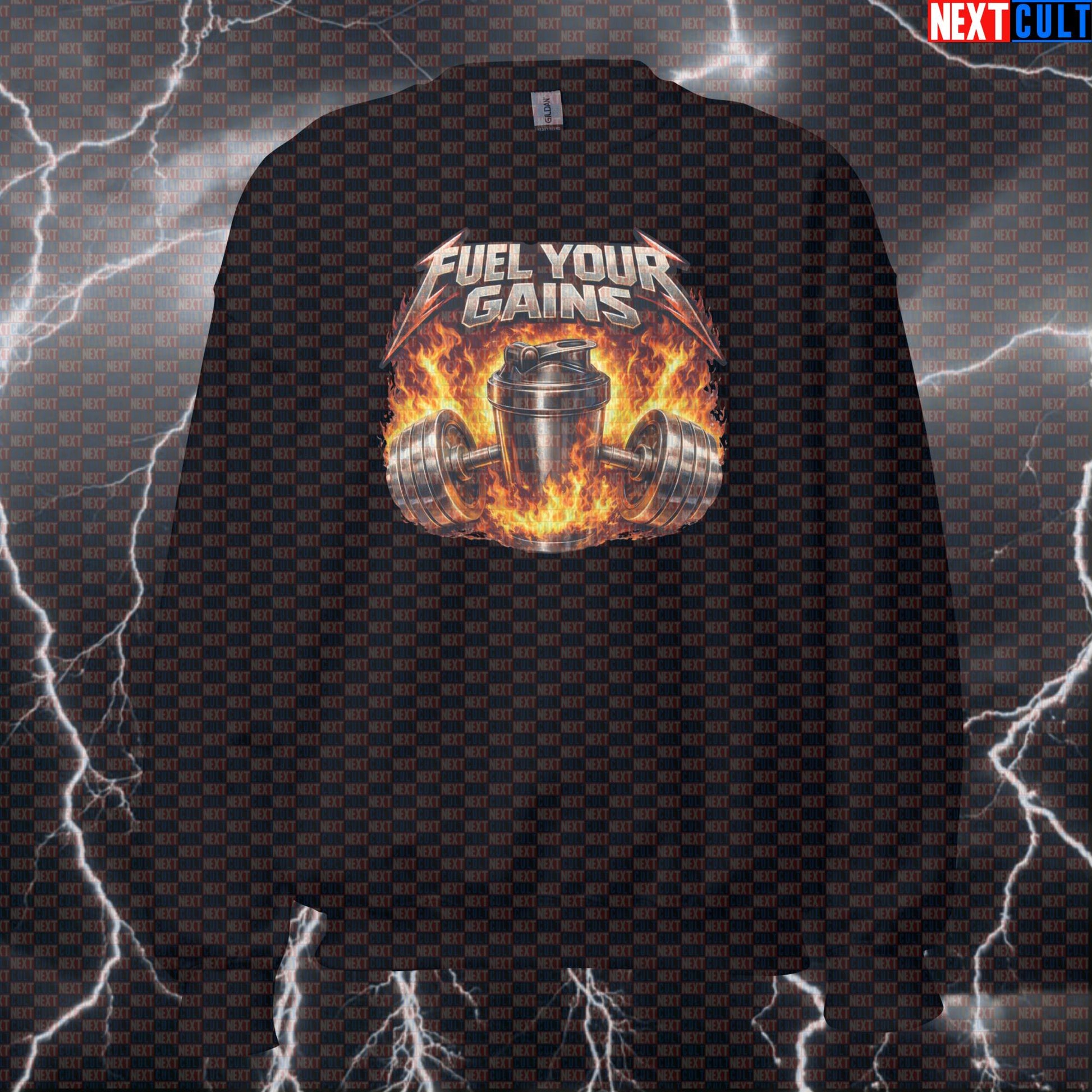 Fuel Your Gains Metallica Rock Music Funny Gym Sweatshirt — Protein Shakes Bodybuilding & Powerlifting Meme Crewneck Sweatshirts Bodybuilding Fitness Gym Metallica Powerlifting Pump Cover Rock Music Workout Next Cult Brand