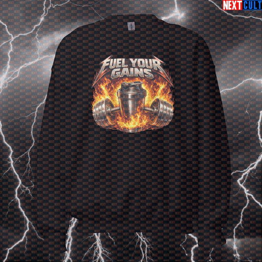 Fuel Your Gains Metallica Rock Music Funny Gym Sweatshirt — Protein Shakes Bodybuilding & Powerlifting Meme Crewneck Bodybuilding Fitness Gym Metallica Powerlifting Pump Cover Rock Music Workout Next Cult Brand
