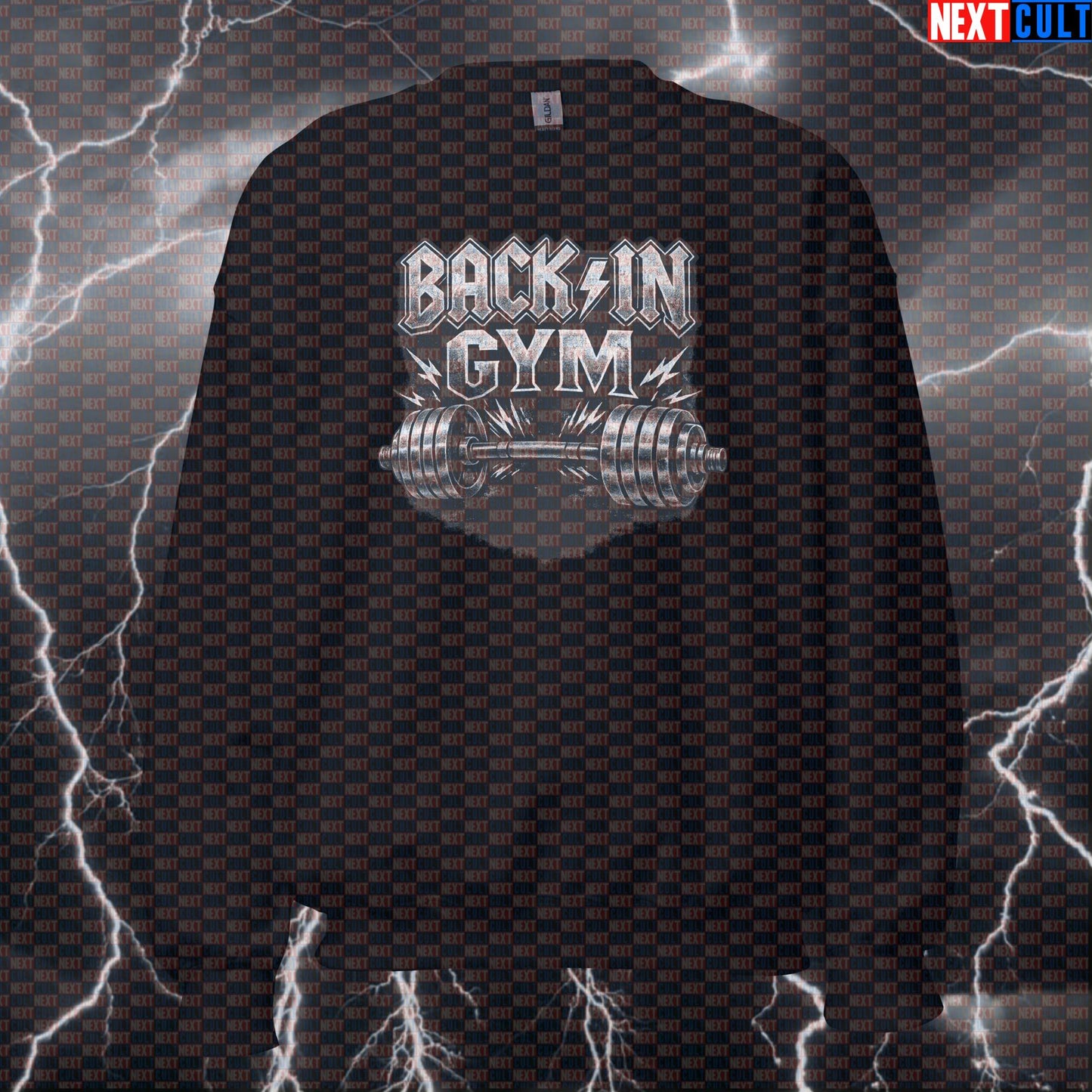 Back In Gym Funny Gym Sweatshirt Back In Black Album Cover Parody AC/DC Heavy Metal Rock Workout Crewneck Sweatshirts AC/DC Bodybuilding Fitness Gym Powerlifting Pump Cover Rock Music Workout Next Cult Brand