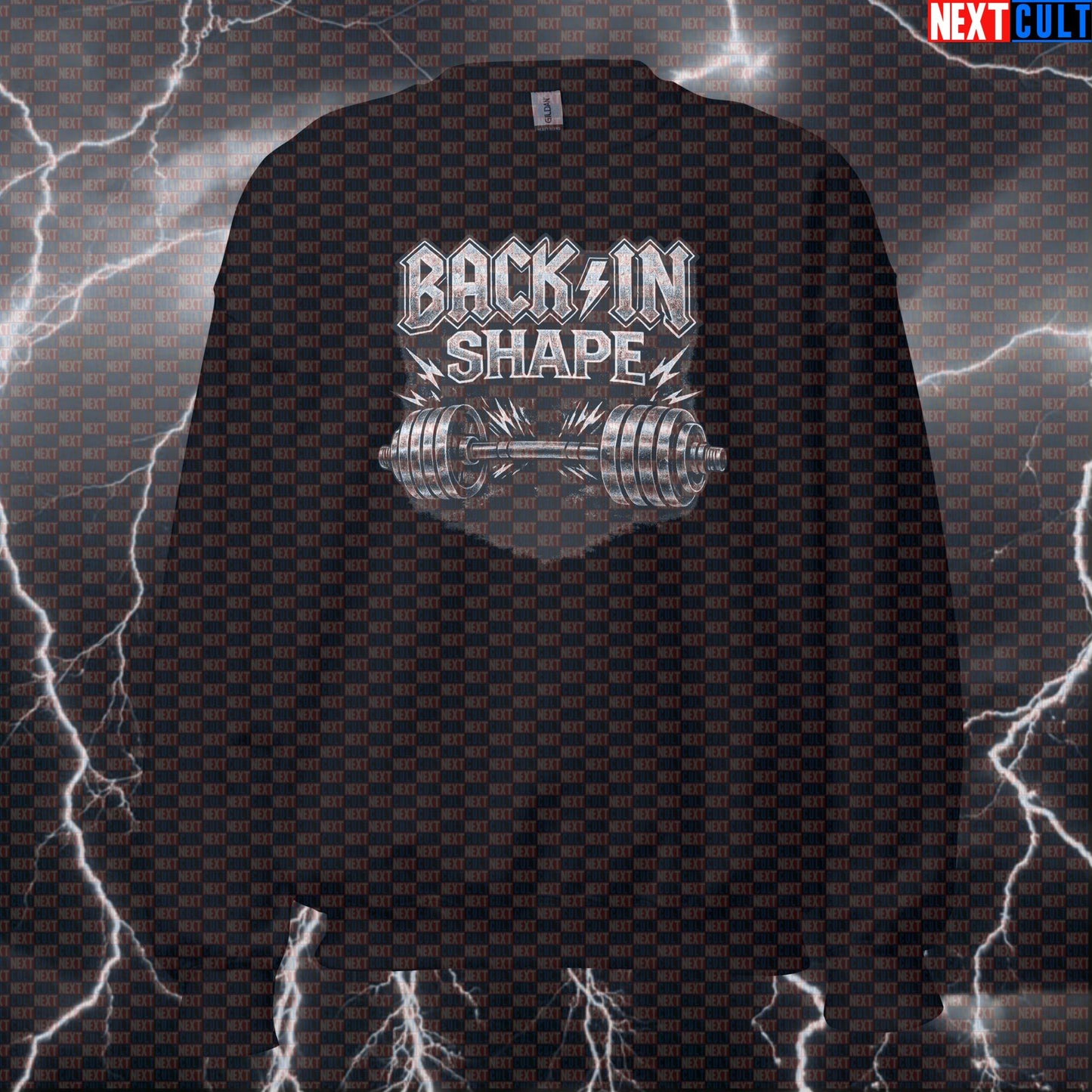 Back In Shape Funny Gym Sweatshirt Back In Black Album Cover Parody AC/DC Heavy Metal Rock Workout Crewneck Sweatshirts AC/DC Bodybuilding Fitness Gym Powerlifting Pump Cover Rock Music Workout Next Cult Brand