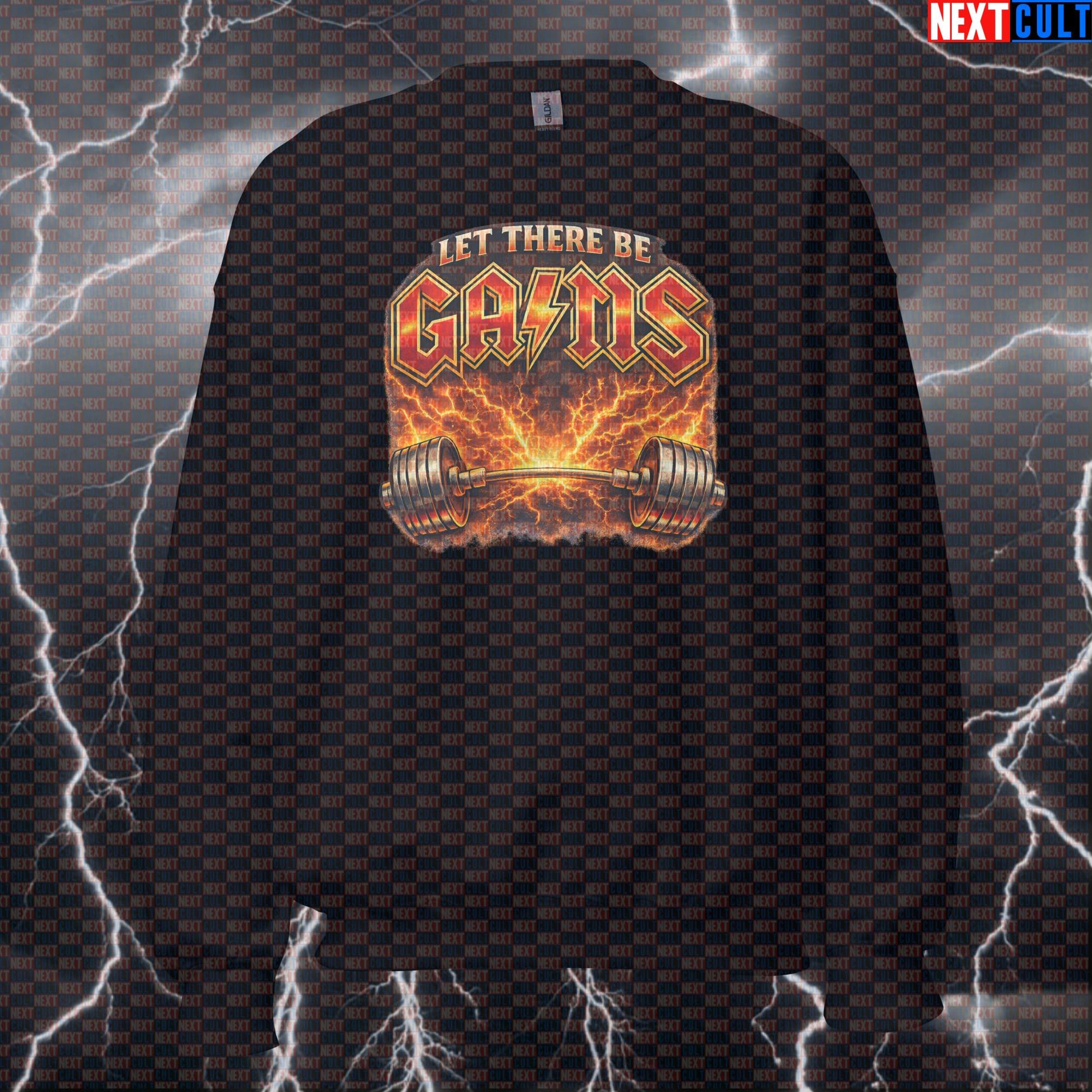 Let There Be Gains Funny Gym Sweatshirt Let There Be Rock Parody AC/DC Heavy Metal Rock Workout Crewneck Sweatshirts AC/DC Bodybuilding Fitness Gym Powerlifting Pump Cover Rock Music Workout Next Cult Brand