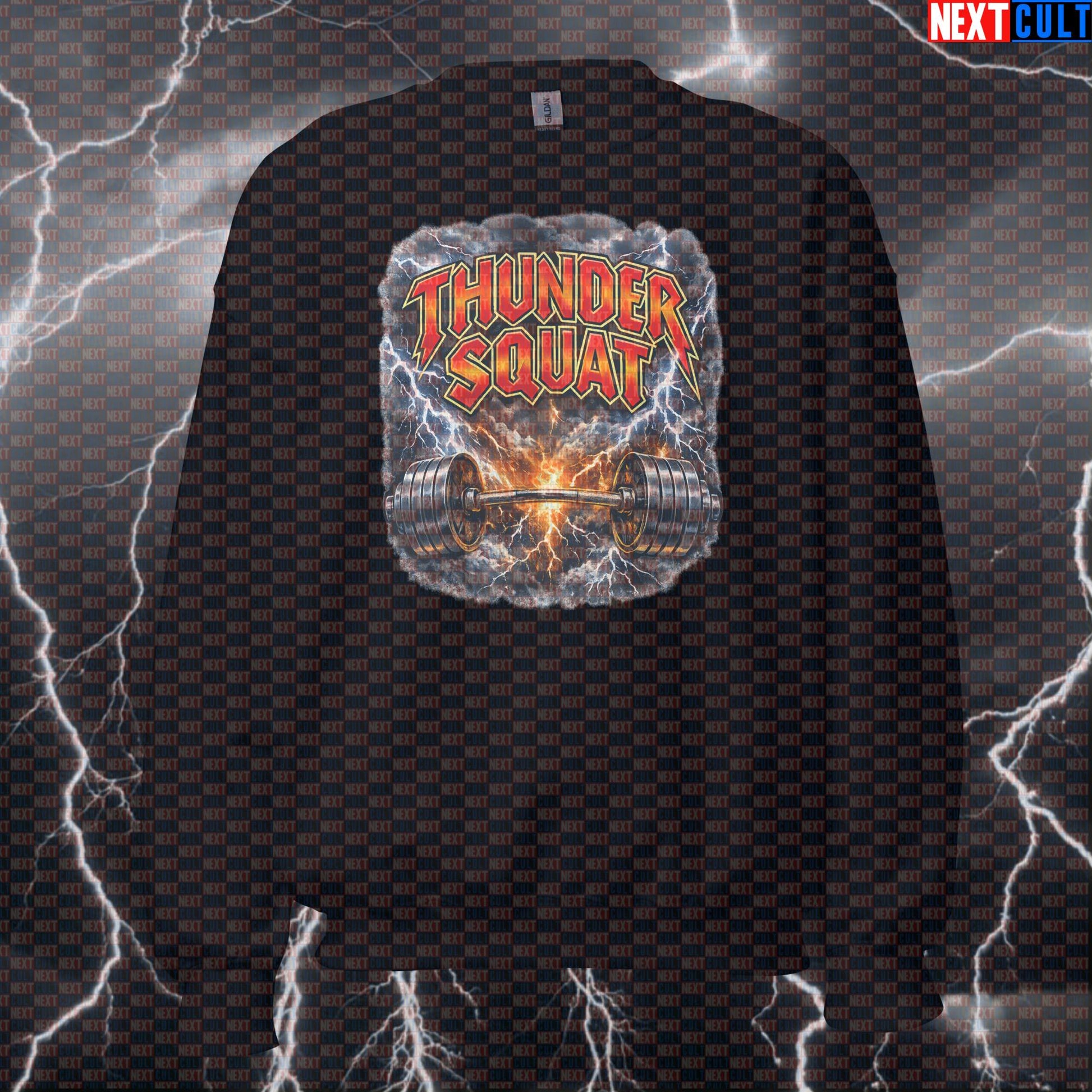 Thunder Squat Funny Gym Sweatshirt AC/DC Thunderstruck Parody Heavy Metal Crewneck for Leg Day Sweatshirts AC/DC Bodybuilding Fitness Gym Leg Day Powerlifting Pump Cover Rock Music Workout Next Cult Brand