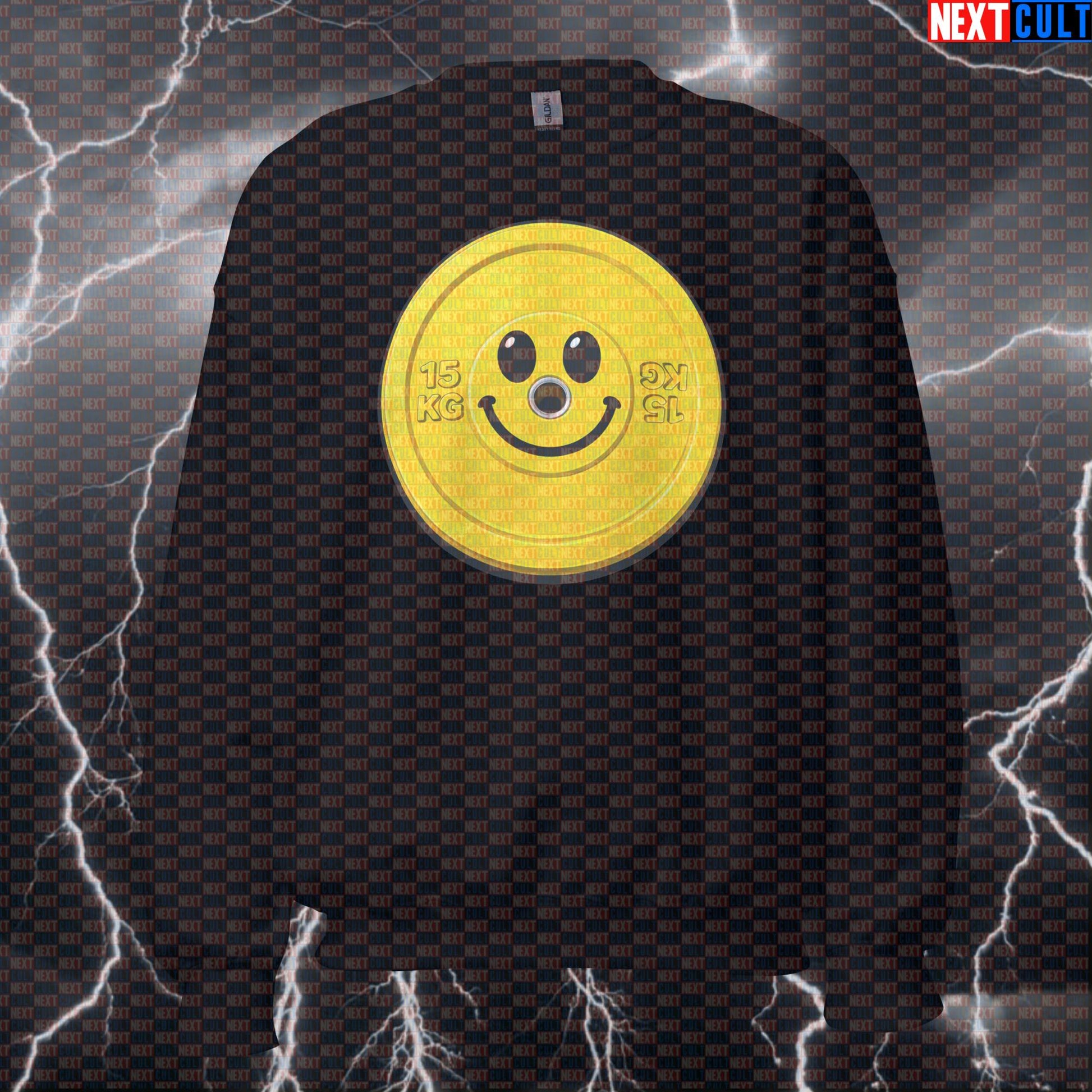 Happy Weights Emoji Weight Plate Funny Gym Sweatshirt Smiley Face Weight Gym Makes Me Happy Meme Sweatshirts Next Cult Brand