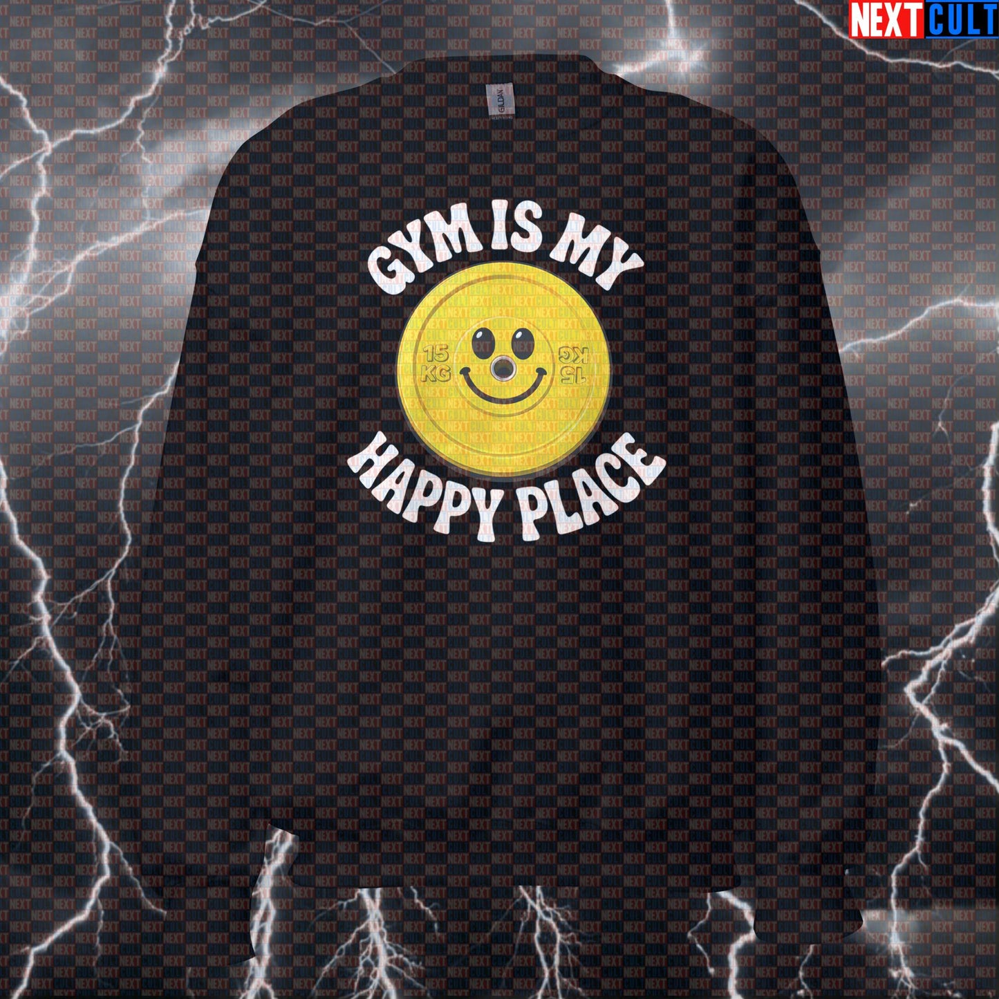 Gym Is My Happy Place Funny Gym Sweatshirt Happy Weights Smiley Face Weight Plate Meme Sweatshirts Next Cult Brand