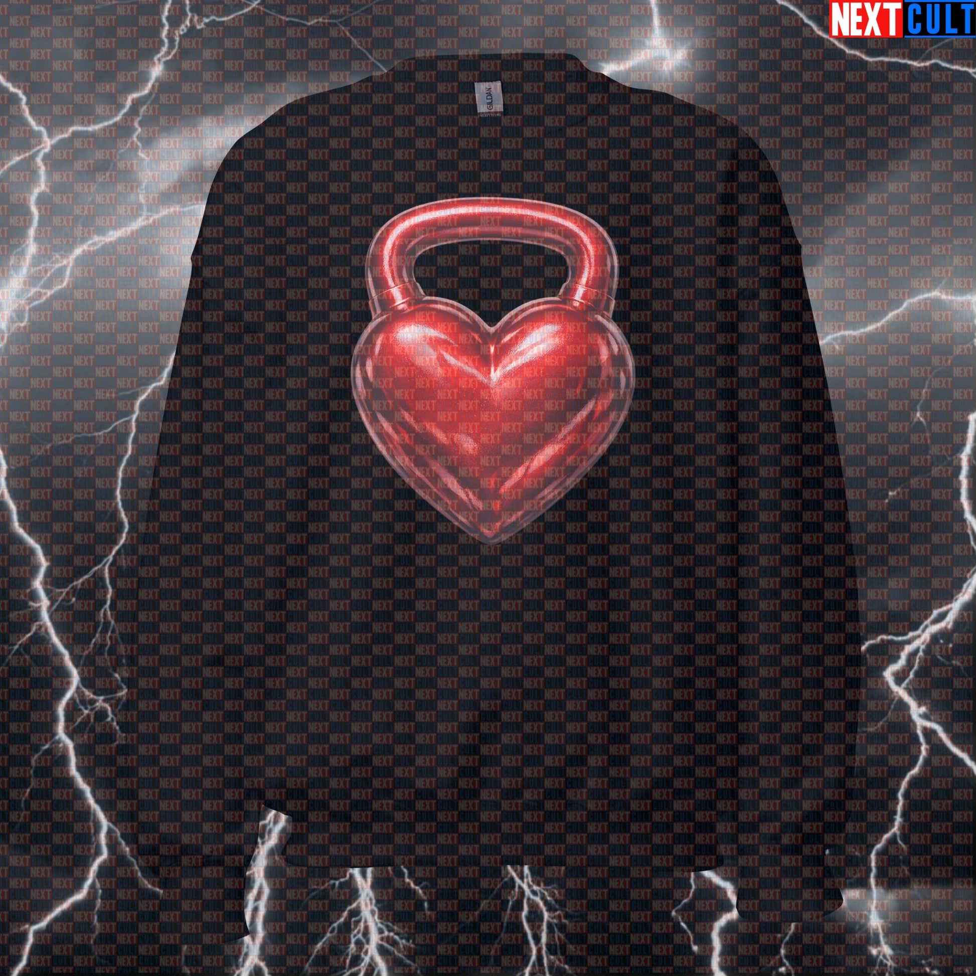 Heart Shaped Kettlebell Valentine’s Day Gym Sweatshirt for Kettlebell Lovers, Fitness Couples, and Funny Lifting Memes Sweatshirts Fitness Gym Kettlebell Pump Cover Valentine's Day Workout Next Cult Brand