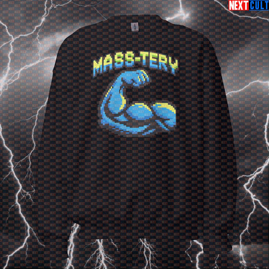 Mass-Tery Massive Gamer Funny Gym Sweatshirt Gym Nerd Gaming Meme Bodybuilding Powerlifting Workout Sweatshirt Crewneck Bodybuilding Fitness Gym Pump Cover Video Games Workout Next Cult Brand