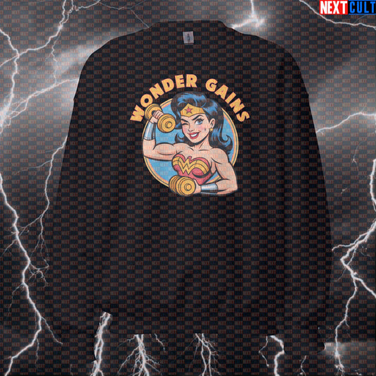 Wonder Gains Funny Gym Sweatshirt Crewneck Pump Cover Pullover Sweater for Lifters Gymbro Workout Superhero Fans Sweatshirts Bodybuilding Films Fitness Gym Justice League Pump Cover Superheroes Wonder Woman Workout Next Cult Brand