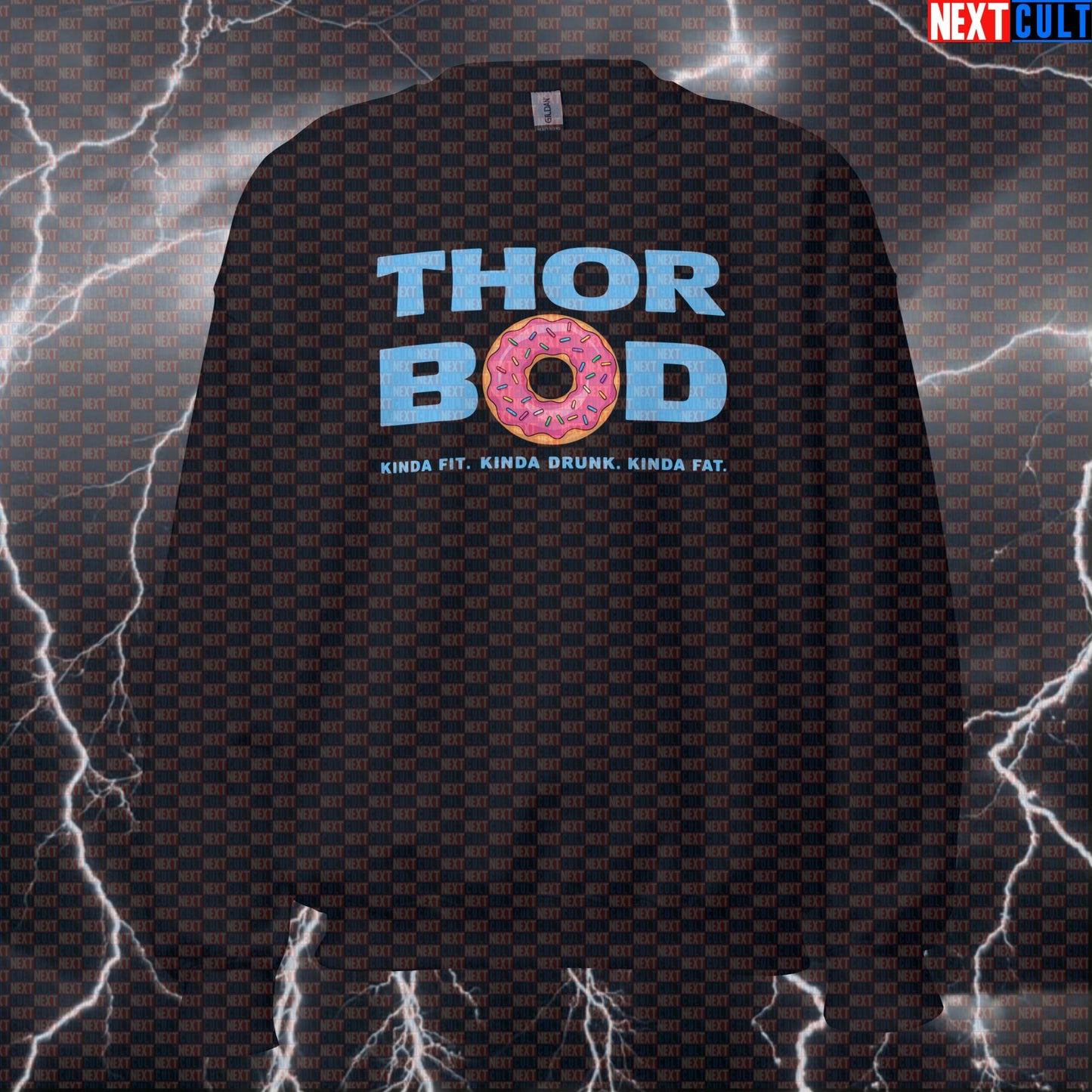 Thor Bod Funny Gym Sweatshirt Crewneck Pump Cover Pullover Sweater for Lifters Gymbros Kinda Fit Kinda Drunk Donut Meme Sweatshirts Avengers Bodybuilding Donuts Fast Food Films Fitness Gym Pump Cover Superheroes Thor Workout Next Cult Brand