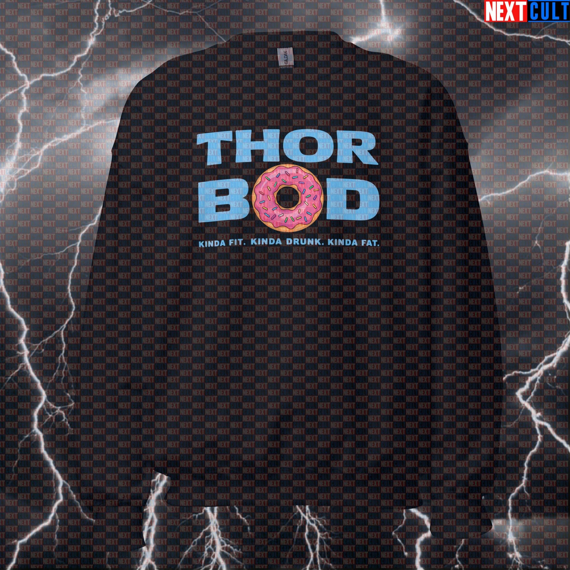 Thor Bod Funny Gym Sweatshirt Crewneck Pump Cover Pullover Sweater for Lifters Gymbros Kinda Fit Kinda Drunk Donut Meme Sweatshirts Avengers Bodybuilding Donuts Fast Food Films Fitness Gym Pump Cover Superheroes Thor Workout Next Cult Brand