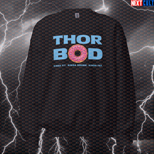 Thor Bod Funny Gym Sweatshirt Crewneck Pump Cover Pullover Sweater for Lifters Gymbros Kinda Fit Kinda Drunk Donut Meme Avengers Bodybuilding Donuts Fast Food Films Fitness Gym Pump Cover Superheroes Thor Workout Next Cult Brand