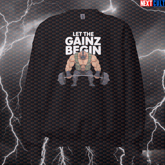 Let the Gainz Begin Funny Gym Sweatshirt Bane Inspired Workout Sweatshirt Crewneck Pump Cover Pullover for Lifters Bane Bodybuilding Films Fitness Gym Leg Day Powerlifting Pump Cover Superheroes Workout Next Cult Brand