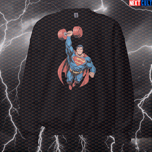 Superhero Gym Strength Funny Gym Sweatshirt Crewneck Pump Cover Pullover Sweater for Lifters Gymbros Man of Gym Workout Sweatshirts Bodybuilding Films Fitness Gym Justice League Pump Cover Superheroes Superman Workout Next Cult Brand