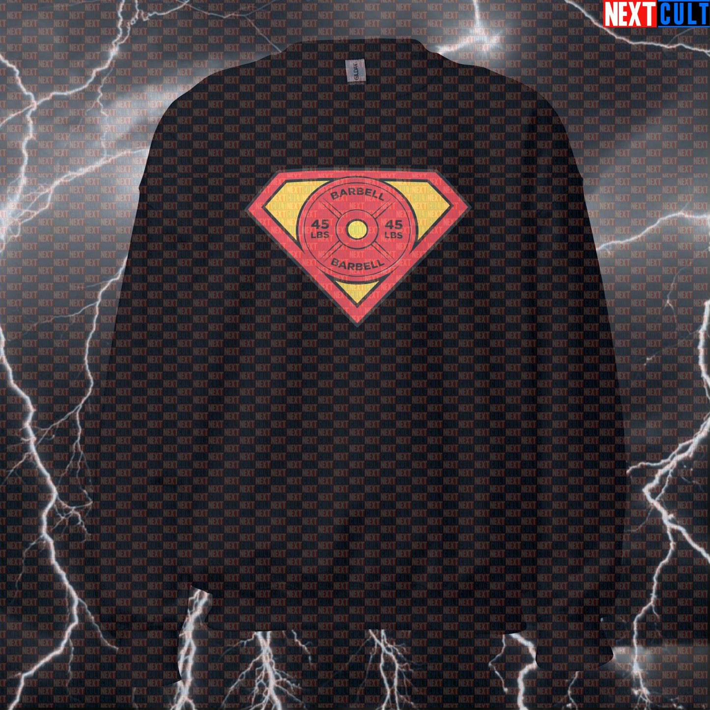 Superman Barbell Weight Plate Logo Funny Gym Sweatshirt – Superhero Workout Sweatshirt for Bodybuilding Powerlifting Fitness Meme Sweatshirts Next Cult Brand