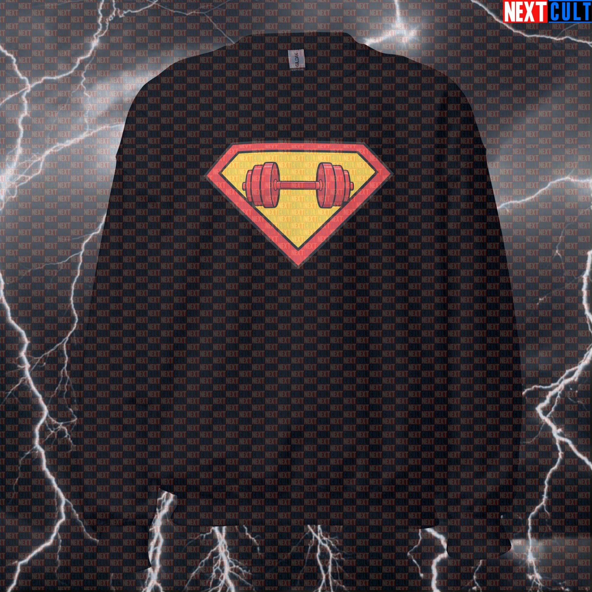 Superman Dumbbells Logo Funny Gym Sweatshirt – Superhero Workout Sweatshirt for Bodybuilding Powerlifting Fitness Meme Fans Sweatshirts Next Cult Brand