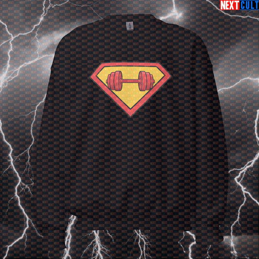Superman Dumbbells Logo Funny Gym Sweatshirt – Superhero Workout Sweatshirt for Bodybuilding Powerlifting Fitness Meme Fans Sweatshirts Next Cult Brand