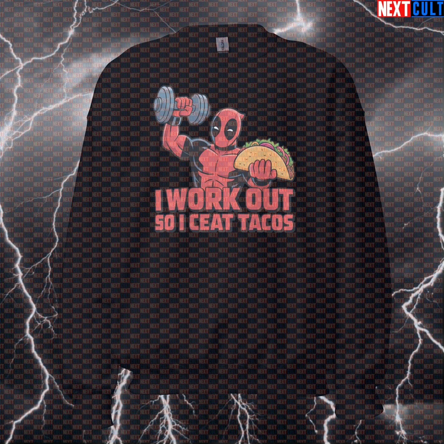 I Work Out So I Can Eat Tacos Funny Gym Sweatshirt Crewneck Pump Cover Pullover Sweater for Lifters Deadpool Fans Bodybuilding Deadpool Fast Food Films Fitness Gym Pump Cover Superheroes Workout Next Cult Brand